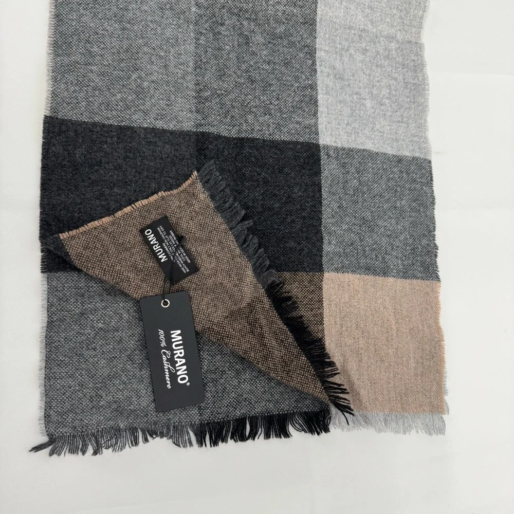 MWT MURANO 100% Cashmere Fringed Scarf Muffler Plaid 13 X 70”